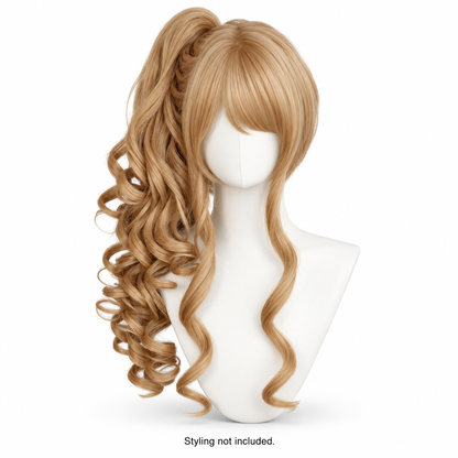 Honey Blonde Curly Wig — Side Ponytail Style Preview — styling not included