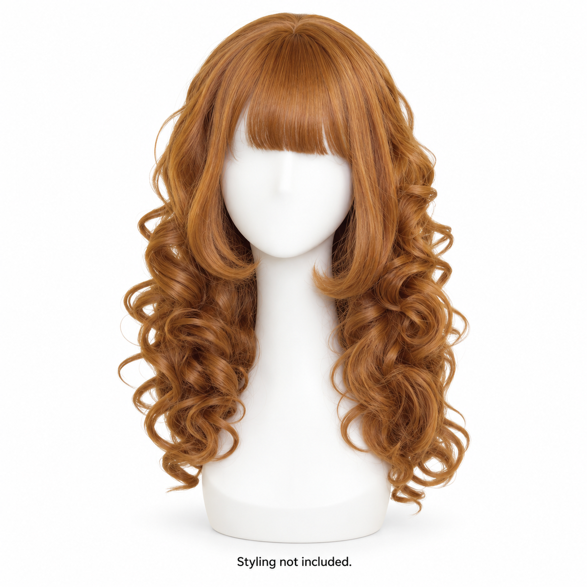 Caramel Brown Long Curly Wig with Bangs — styling not included