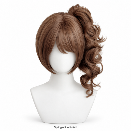 Mocha Brown Curly Wig — Side Ponytail Style Preview — styling not included