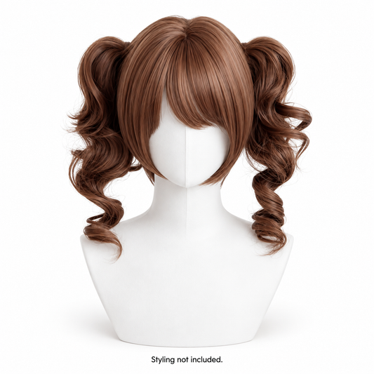 Chestnut Brown Curly Wig — Twin Ponytail Style Preview — styling not included