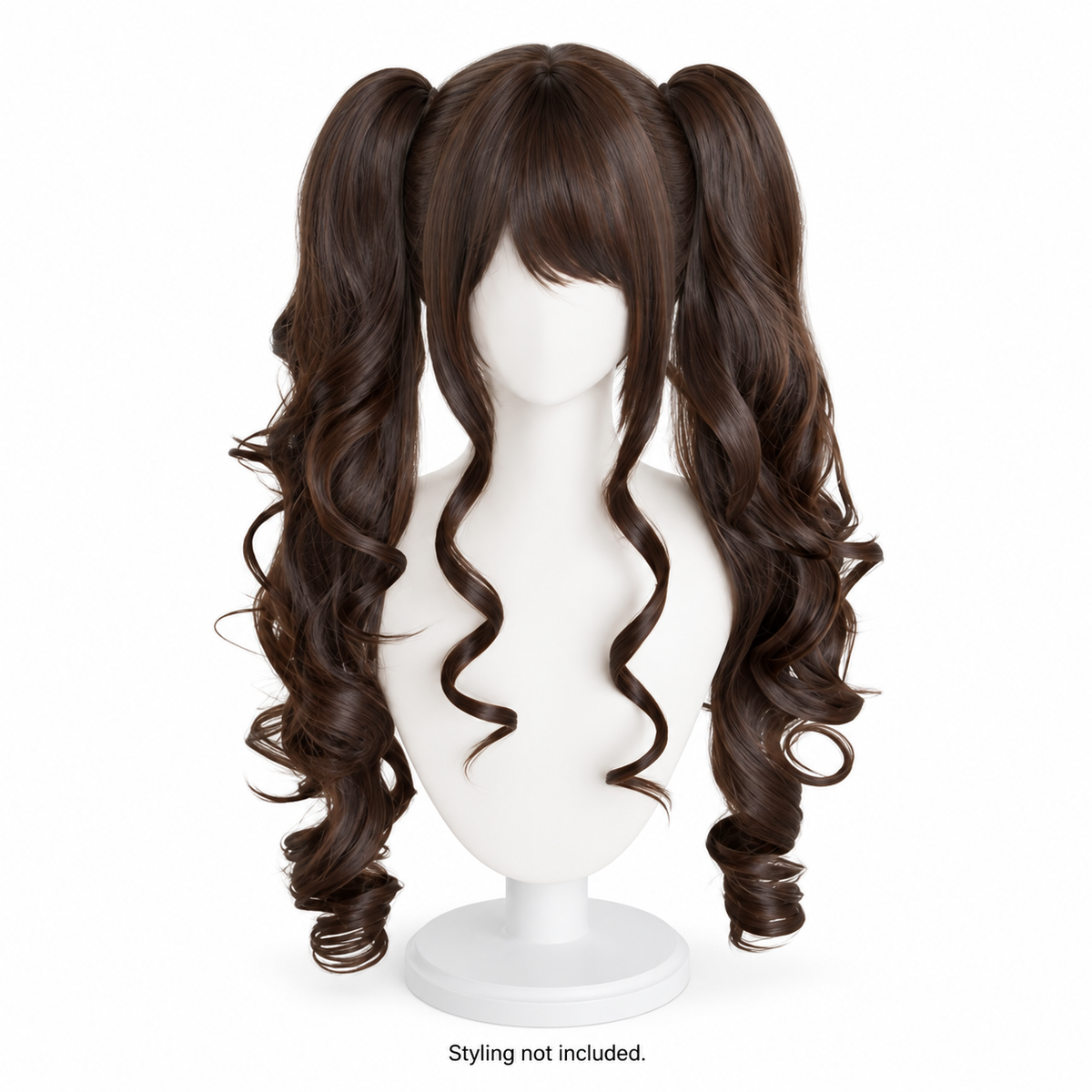 Dark Chocolate Long Curly Wig — Twin Ponytail Style Preview — styling not included