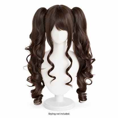 Dark Chocolate Long Curly Wig — Twin Ponytail Style Preview — styling not included