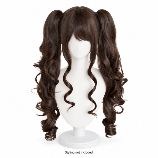 Dark Chocolate Long Curly Wig — Twin Ponytail Style Preview — styling not included