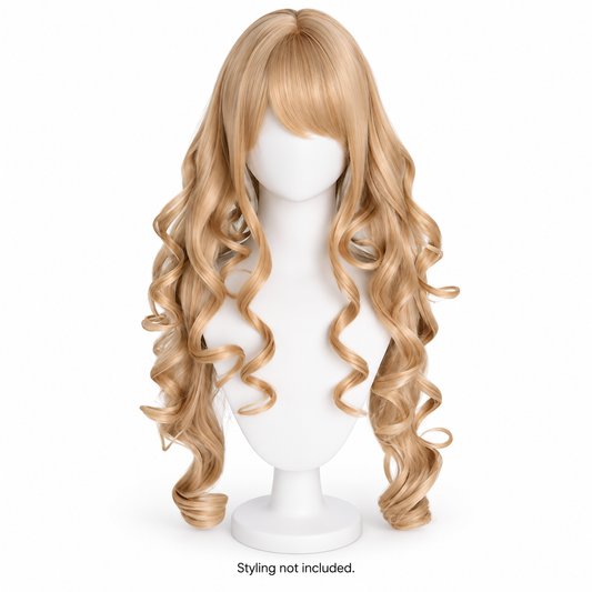 Honey Blonde Long Curly Wig with Bangs — styling not included