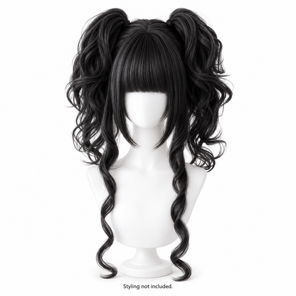 Natural Black Curly Wig — Twin Ponytail Style Preview — styling not included