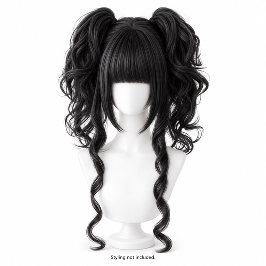 Natural Black Curly Wig — Twin Ponytail Style Preview — styling not included