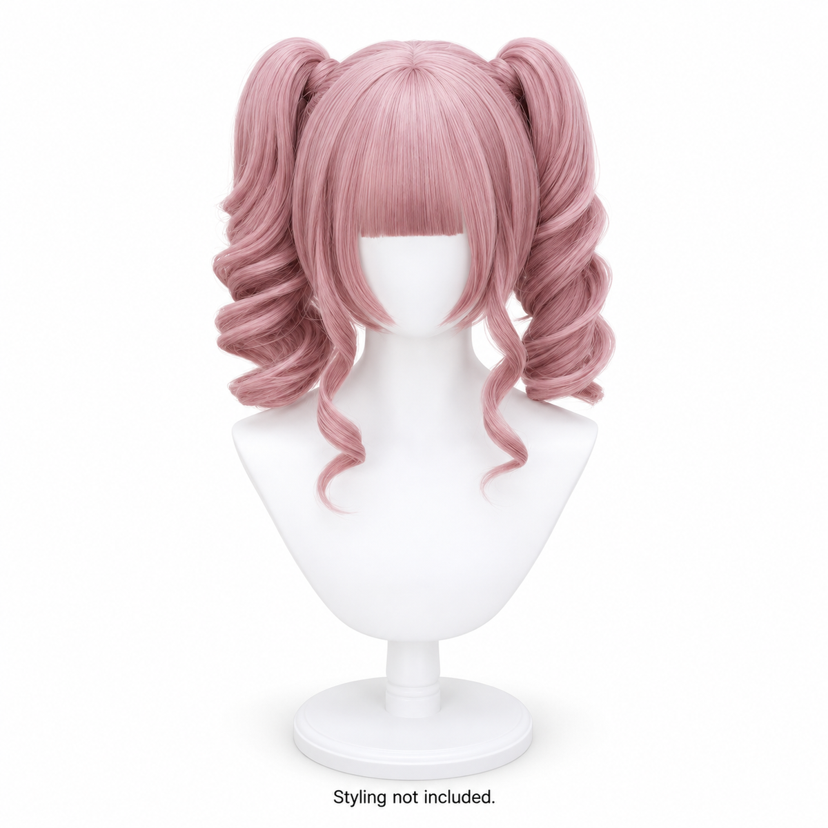 Dusty Pink Curly Wig — Short Twin Ponytail Style Preview — styling not included
