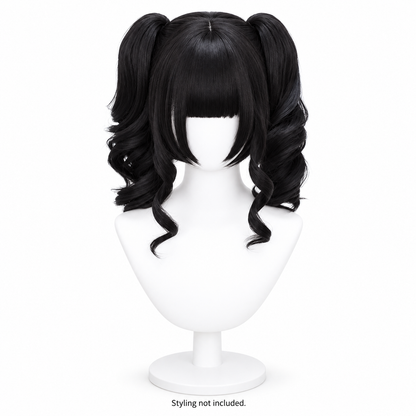 Natural Black Curly Wig — Short Twin Ponytail Style Preview — styling not included