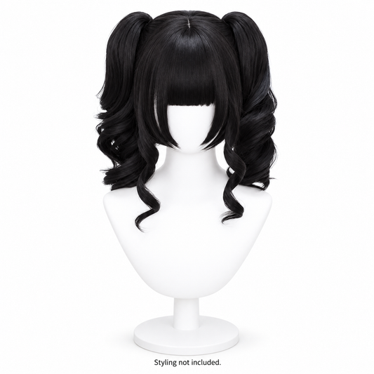 Natural Black Curly Wig — Short Twin Ponytail Style Preview — styling not included