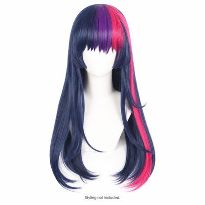 Navy Blue Long Straight Wig with Pink & Purple Highlights — styling not included