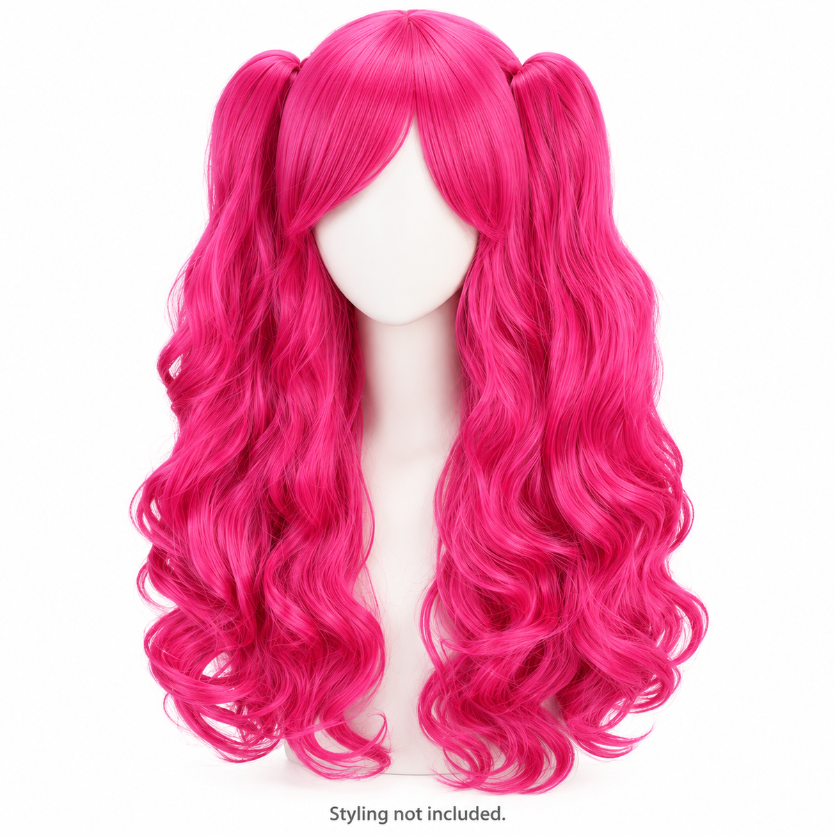 Hot Pink Long Curly Wig — Twin Ponytail Style Preview — styling not included