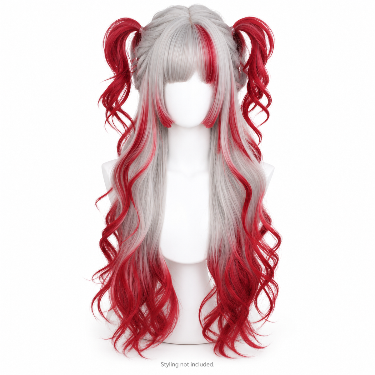 Silver & Crimson Long Wavy Wig — Bangs — Style Preview; styling not included