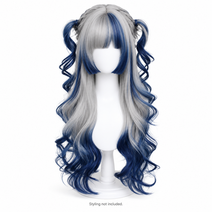 Silver & Navy Long Curly Wig — Bangs — Style Preview; styling not included