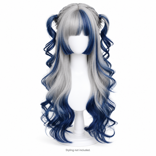 Silver & Navy Long Curly Wig — Bangs — Style Preview; styling not included