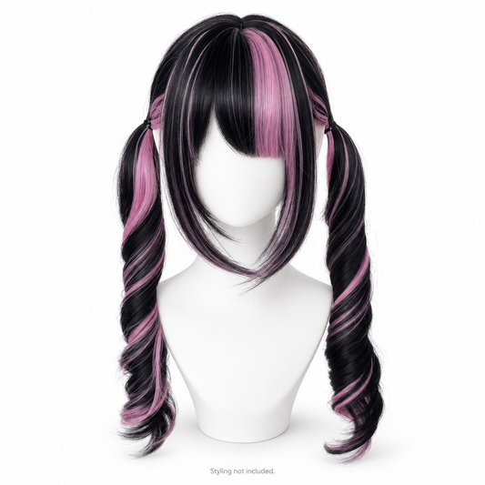 Black & Mauve Long Curly Wig — Bangs — Style Preview; styling not included