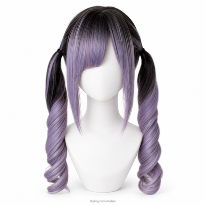 Black-to-Lavender Long Curly Wig — Bangs — Style Preview; styling not included