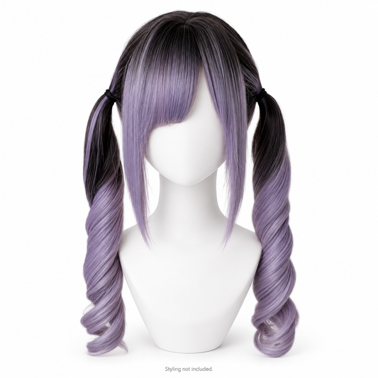 Black-to-Lavender Long Curly Wig — Bangs — Style Preview; styling not included