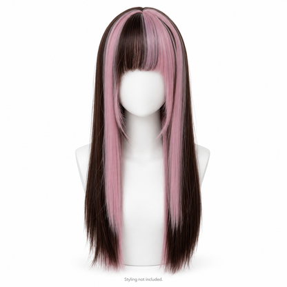 Espresso & Dusty Pink Long Straight Wig — Bangs; styling not included
