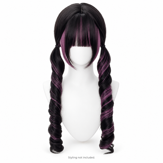 Black & Plum Long Curly Wig — Bangs — Style Preview; styling not included