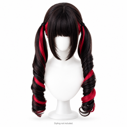 Black & Crimson Long Curly Wig — Bangs — Style Preview; styling not included