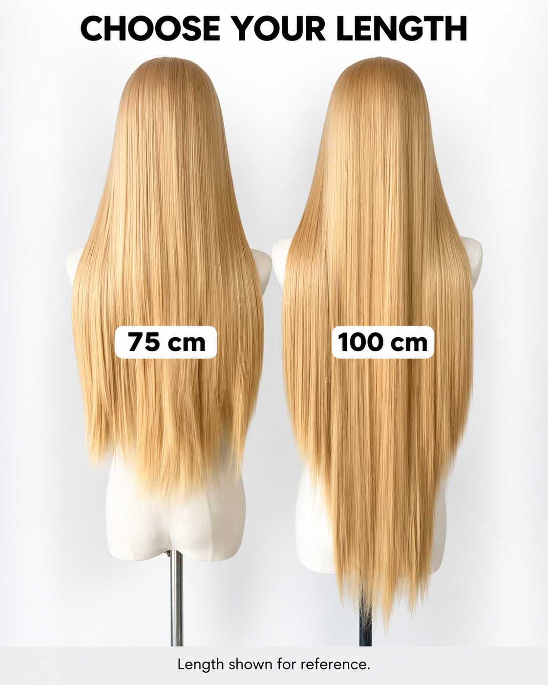 Solid-color straight lace wig length comparison: 75 cm and 100 cm