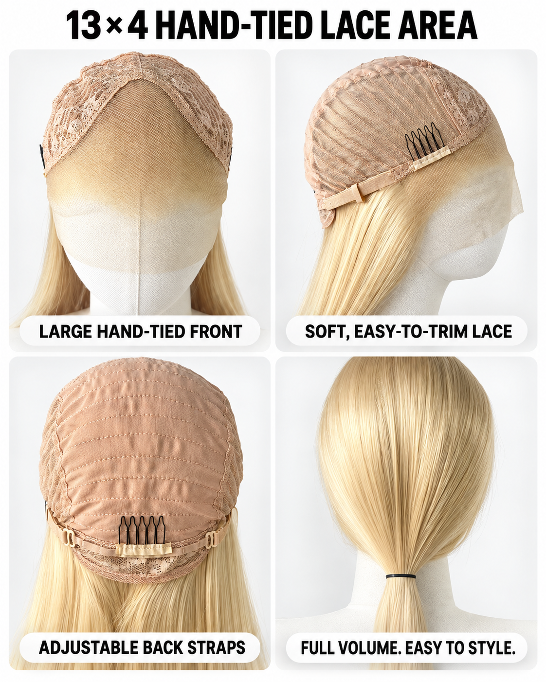 13 by 4 hand-tied lace area, soft trim-ready lace, adjustable back straps, and full-volume hair