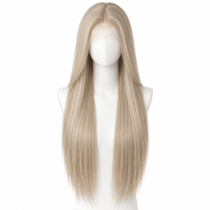 Solid Ash Blonde long straight lace wig on pure white background