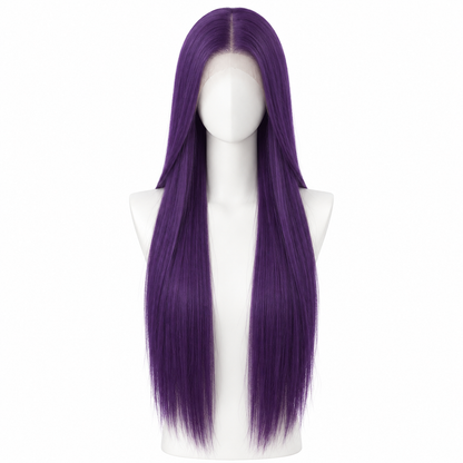 Solid Deep Violet long straight lace wig on pure white background