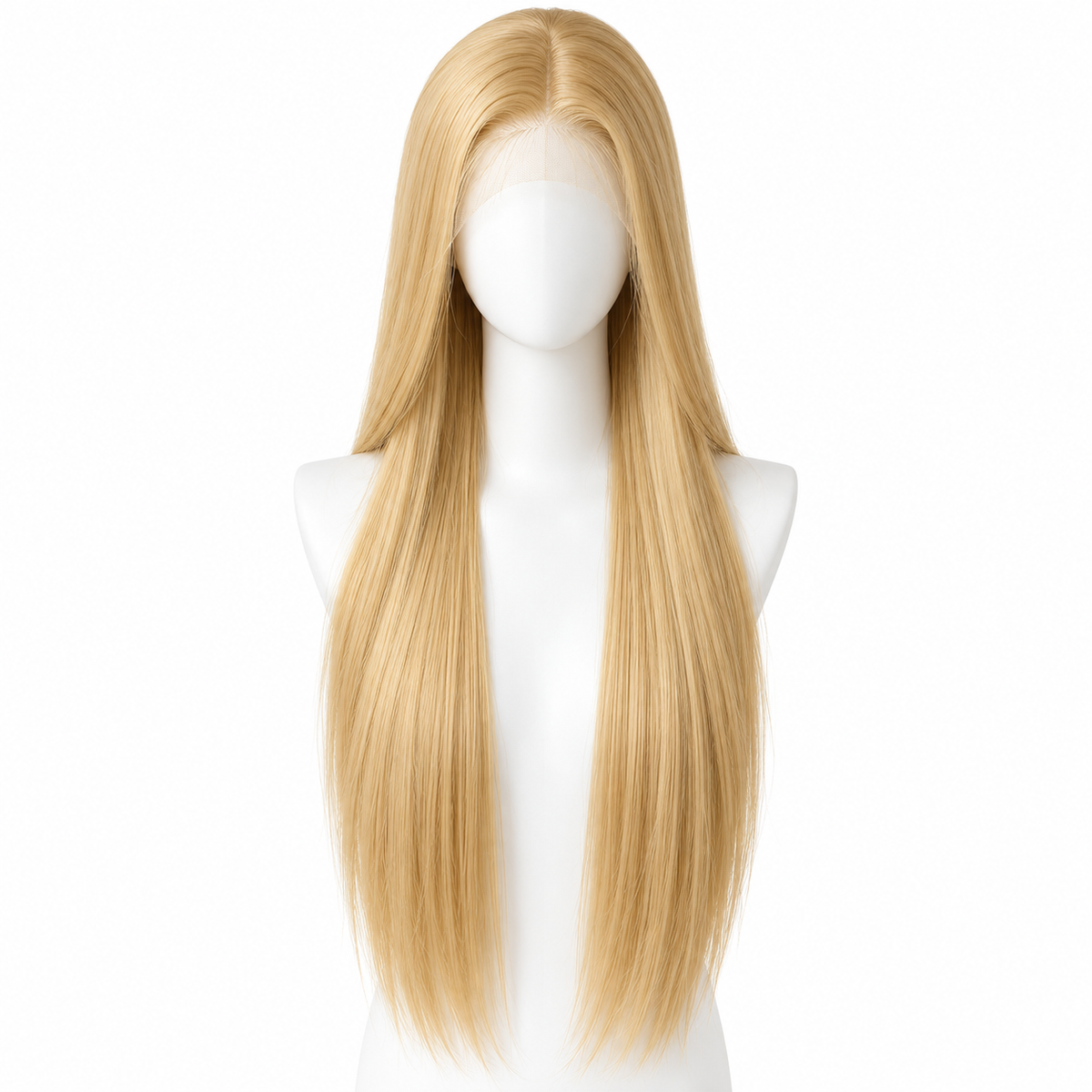 Solid Honey Blonde long straight lace wig on pure white background