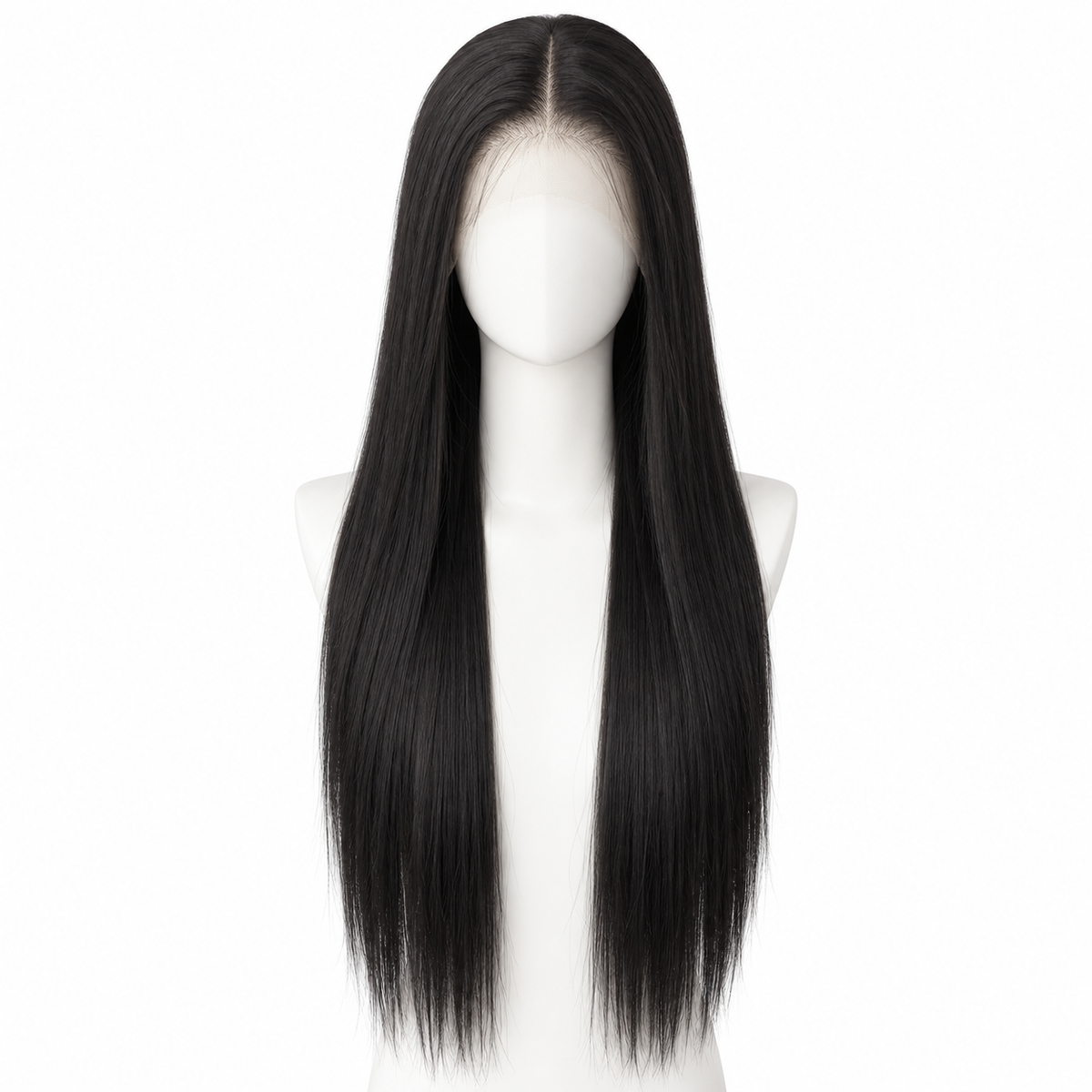 Solid Natural Black long straight lace wig on pure white background