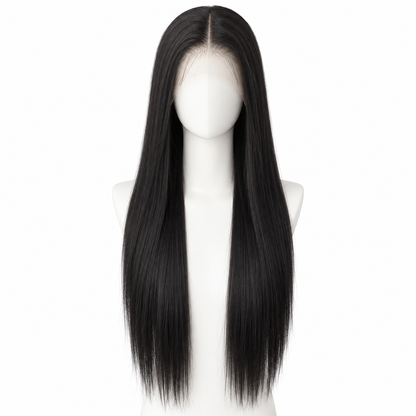 Solid Natural Black long straight lace wig on pure white background