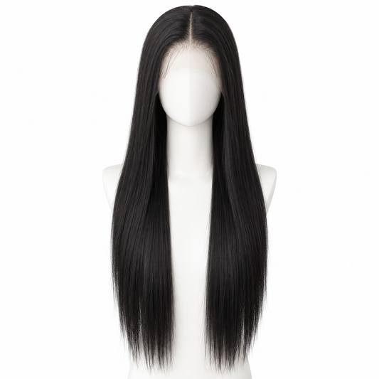 Solid Natural Black long straight lace wig on pure white background