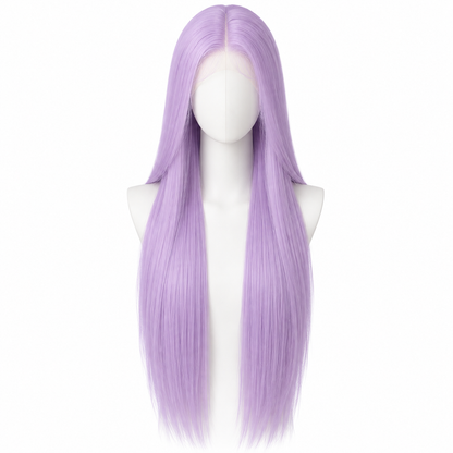 Solid Pastel Lavender long straight lace wig on pure white background