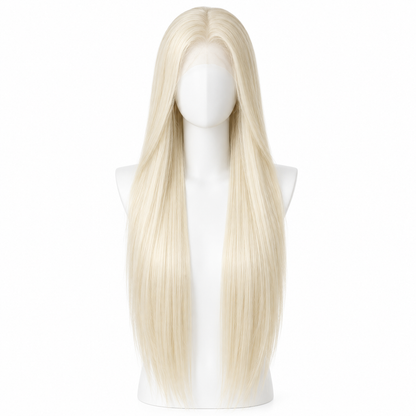 Solid Platinum Blonde long straight lace wig on pure white background