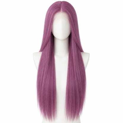 Solid Rose Purple long straight lace wig on pure white background