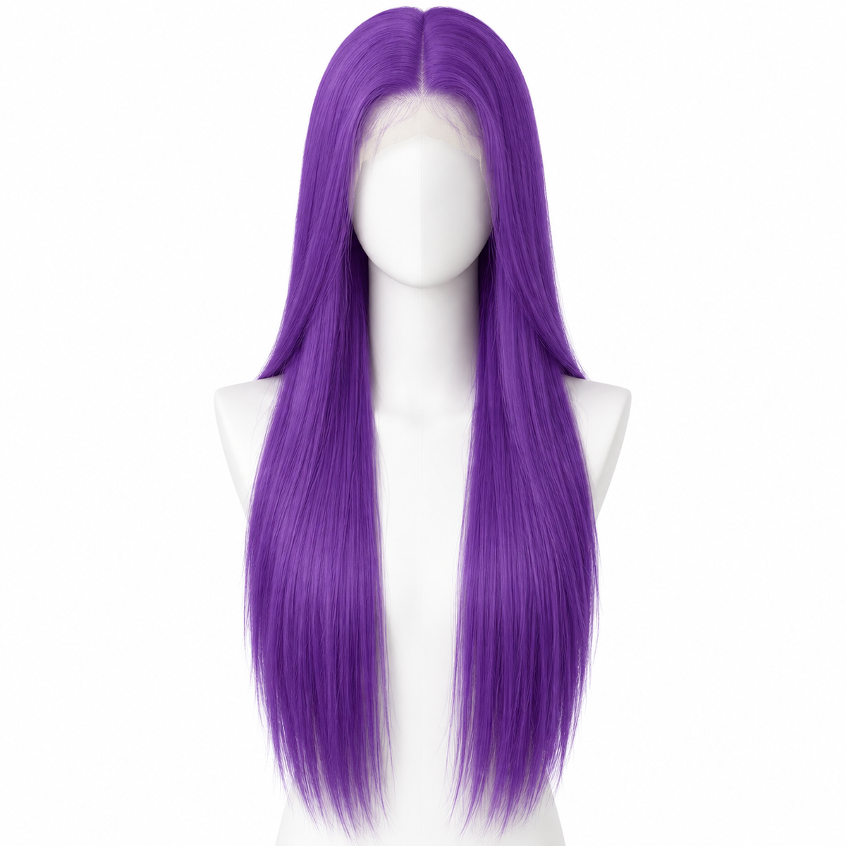Solid Vivid Purple long straight lace wig on pure white background