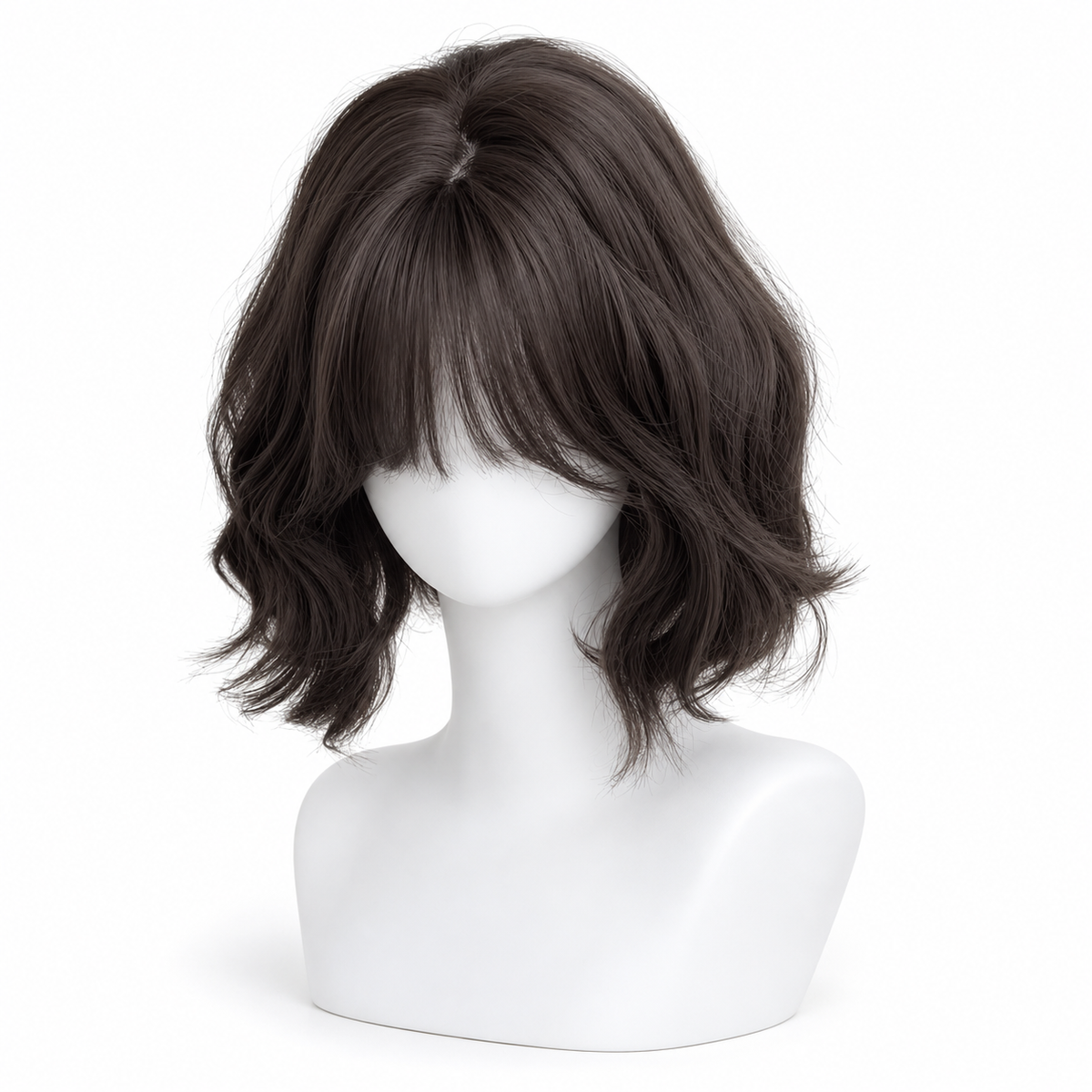 Cool Brown Short Wavy Bob Wig with Bangs