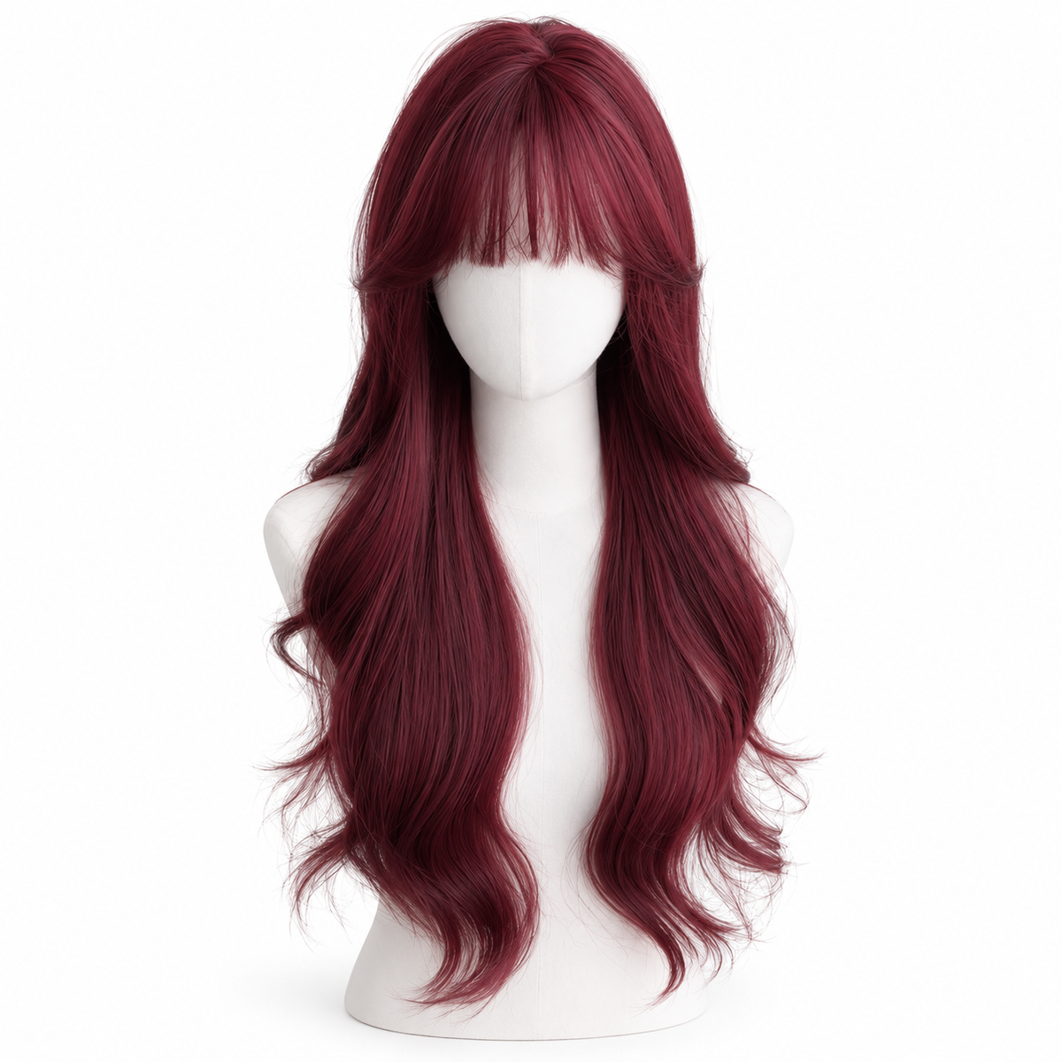 Burgundy Long Wavy Wig with Bangs