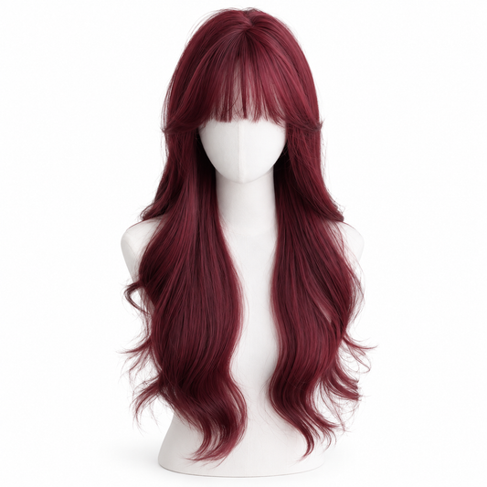 Burgundy Long Wavy Wig with Bangs