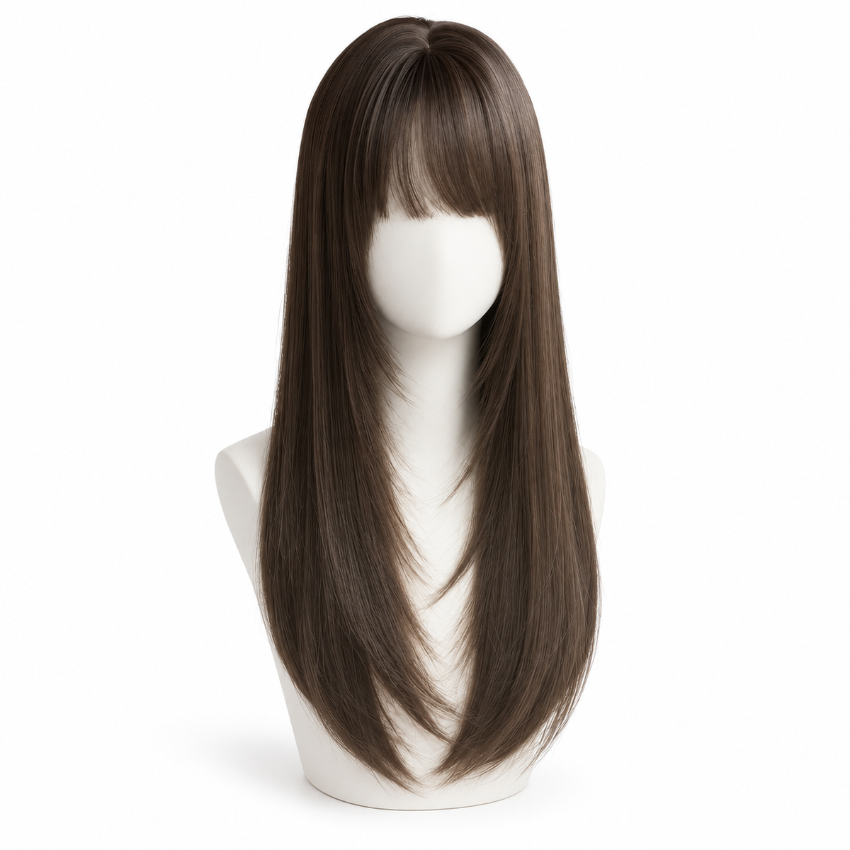 Natural Brown Long Straight Wig with Bangs