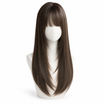 Natural Brown Long Straight Wig with Bangs