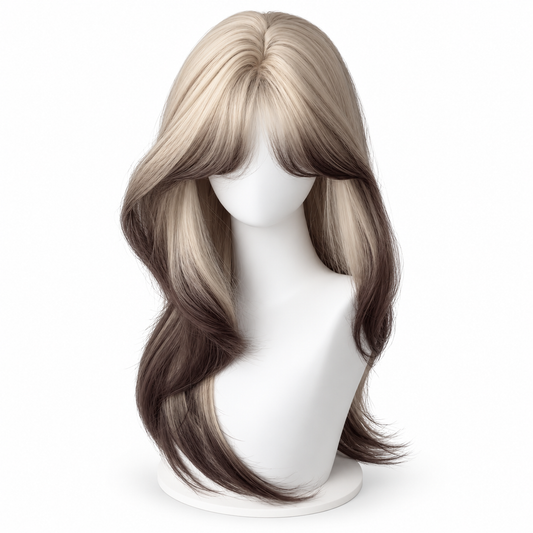 Ash Blonde Ombre Long Layered Wig with Curtain Bangs