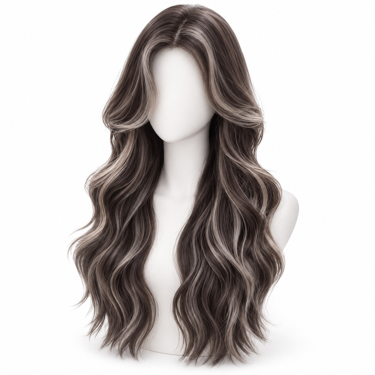 Smoky Brown Long Wavy Wig — No Bangs