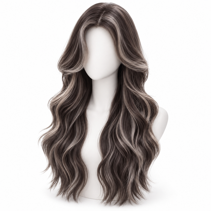 Smoky Brown Long Wavy Wig — No Bangs