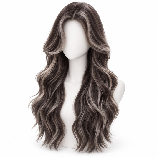 Smoky Brown Long Wavy Wig — No Bangs