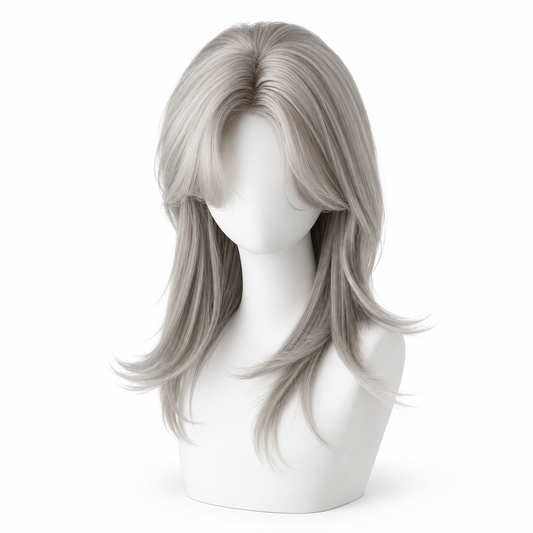 Silver Gray Medium Straight Wig with Bangs