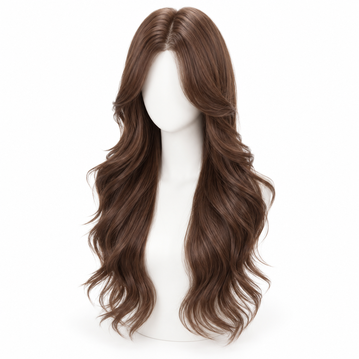 Chocolate Brown Long Wavy Wig — No Bangs