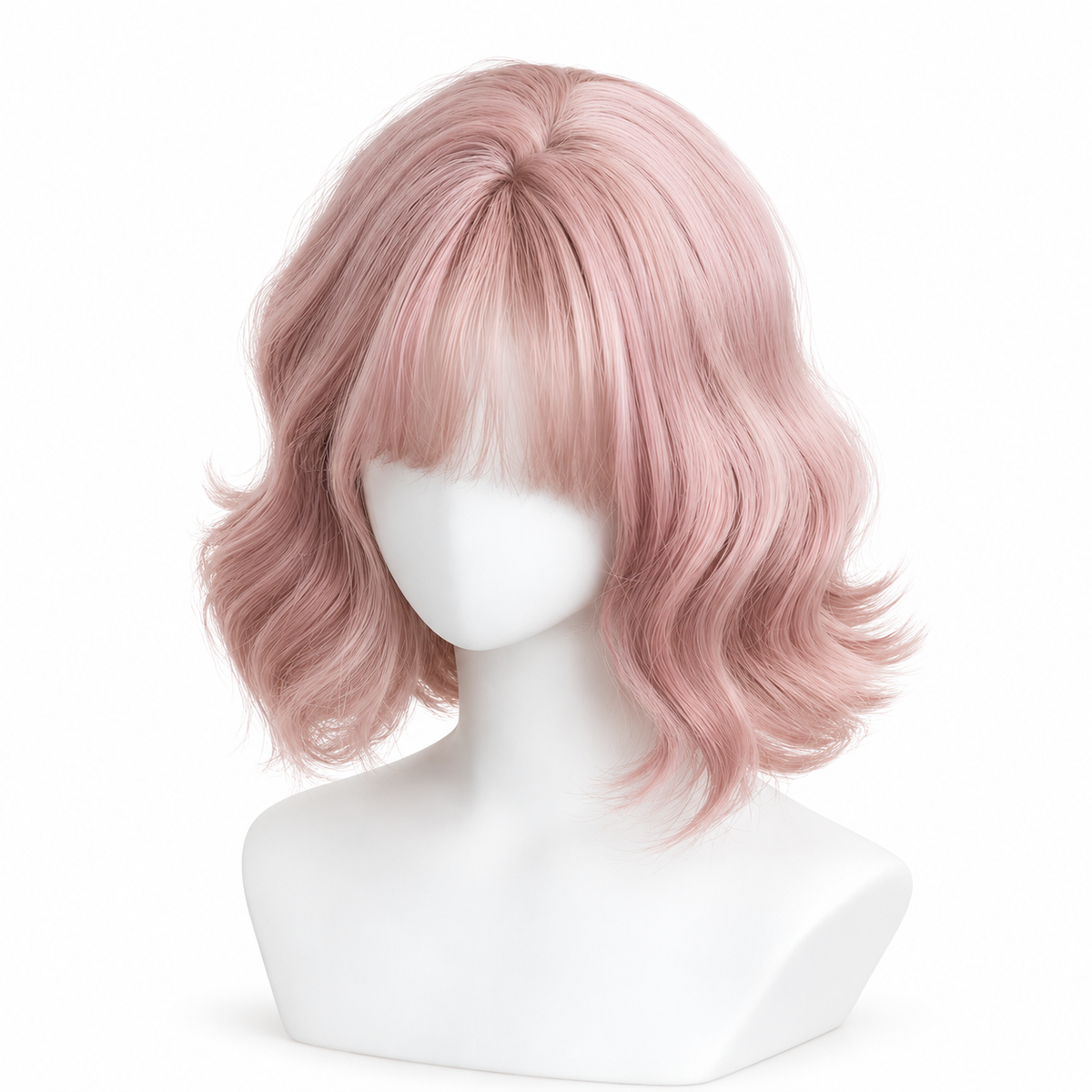 Blush Pink Short Wavy Bob Wig with Bangs