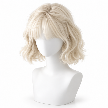 Platinum Blonde Short Wavy Bob Wig with Bangs