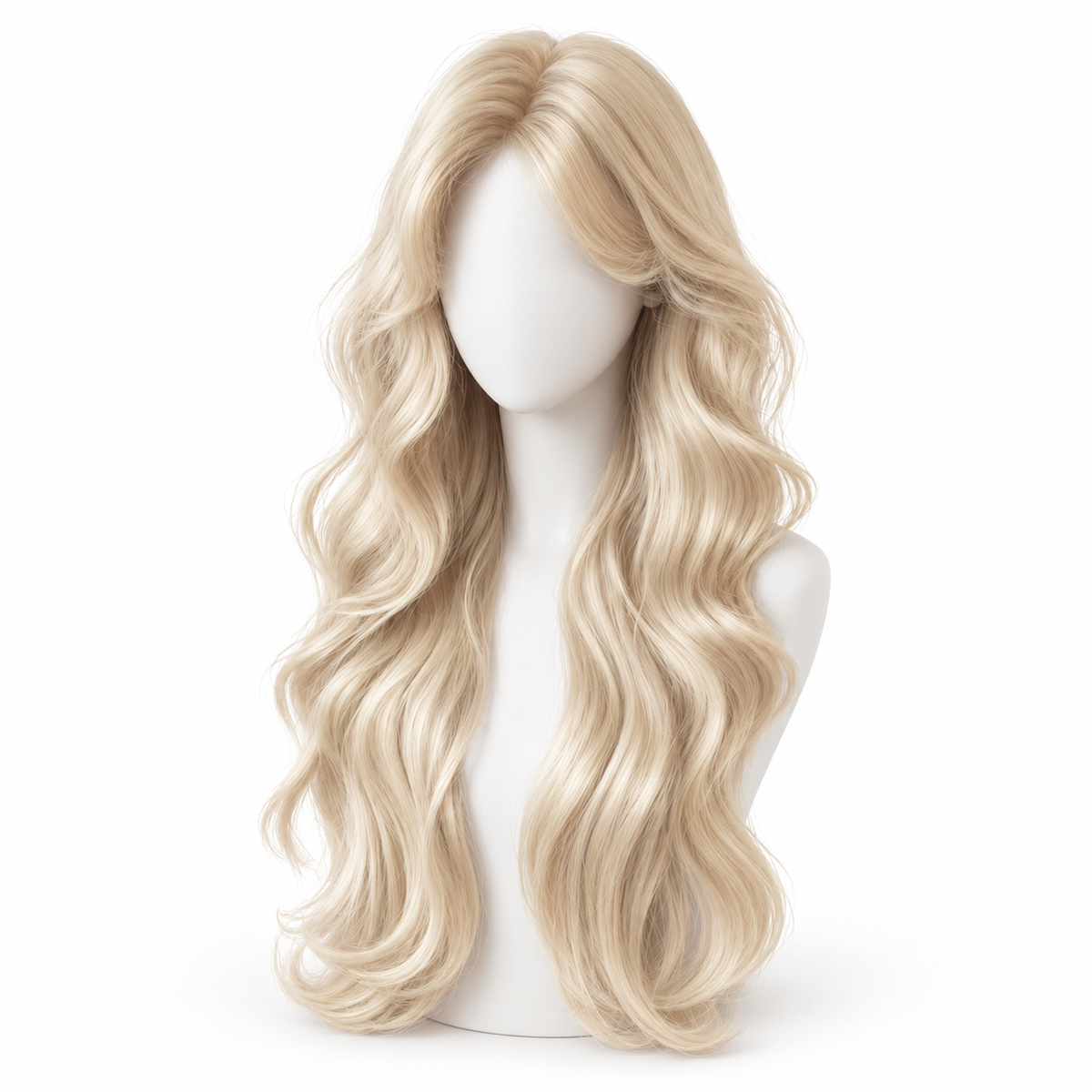 Champagne Blonde Long Wavy Wig with Curtain Bangs